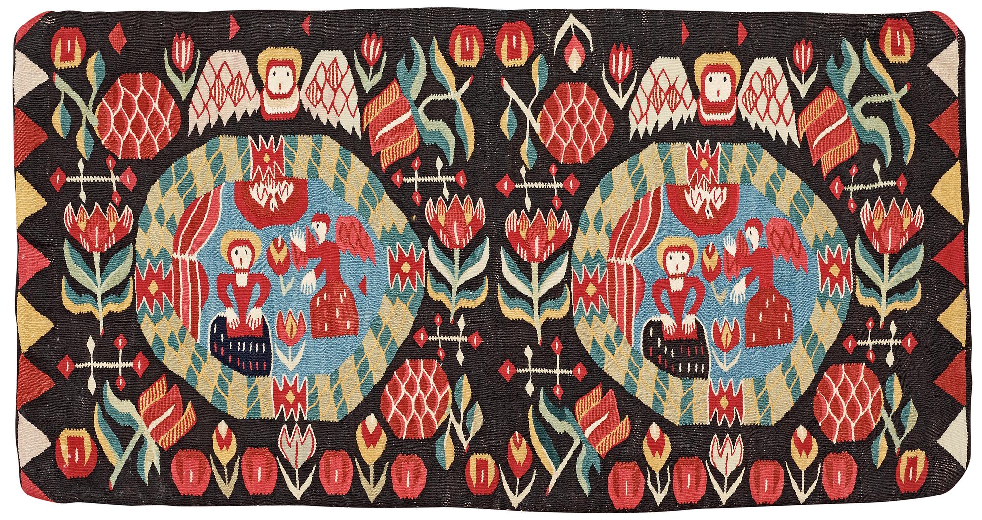 ÅKDYNA (agedyna). "Bebådelsen". Flamskväv. 49 x 93,5 cm. Skåne 1800-talets förra hälft.