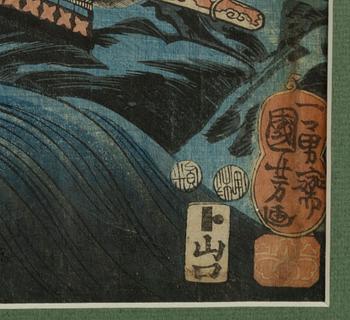 Utagawa Kunisada och Utagawa Kuniyoshi, träsnitt (triptyk resp diptyk).