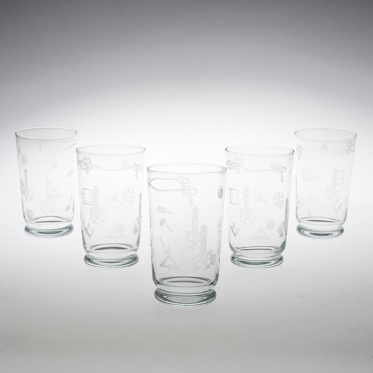 GROGGLAS, 12 st, glas. Med dekor av frimurarsymboler, 1930-tal.