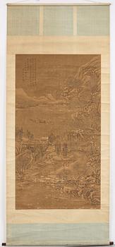 A hanging scroll of a river and mountain landscape in the style of Liu Songnian (1155-1218), Qing dynasty, 19th century.