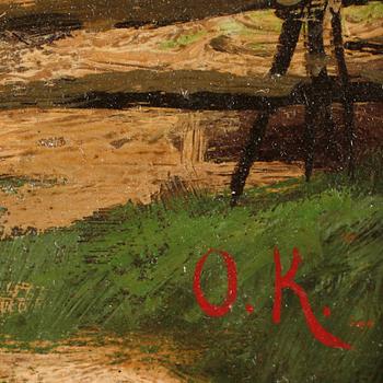 OKÄND KONSTNÄR, olja på pannå, monogramsign OK. 1900-talets början.