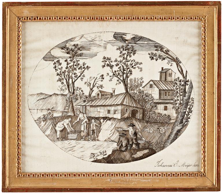 AN EMBROIDERY, ivory coloured silk, A Harvest scene, ca 28 x 33 cm, signed and dated Johanna C. Meijer 1803.