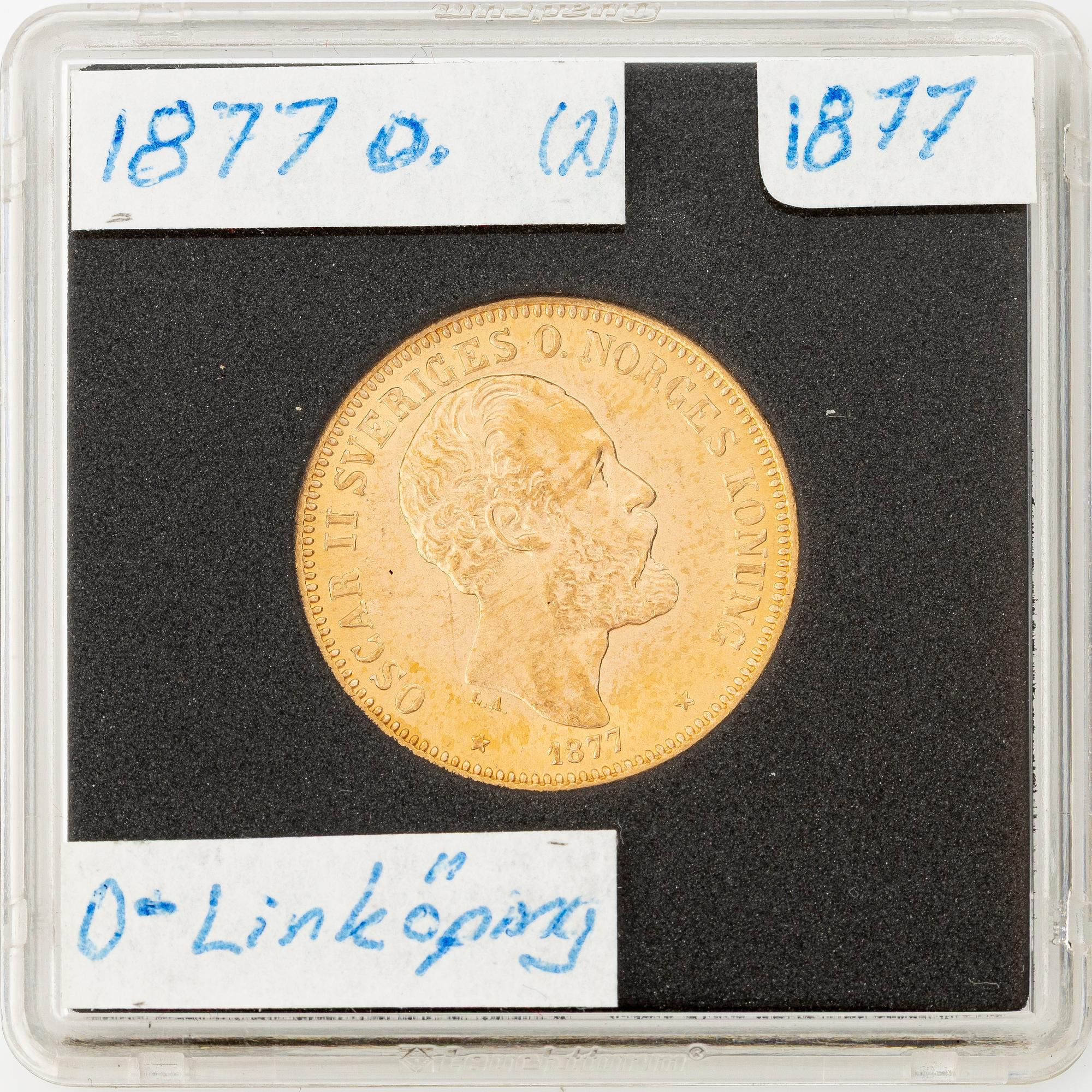 Guldmynt, Oscar II, 20 kronor, typ II, Sverige 1877.