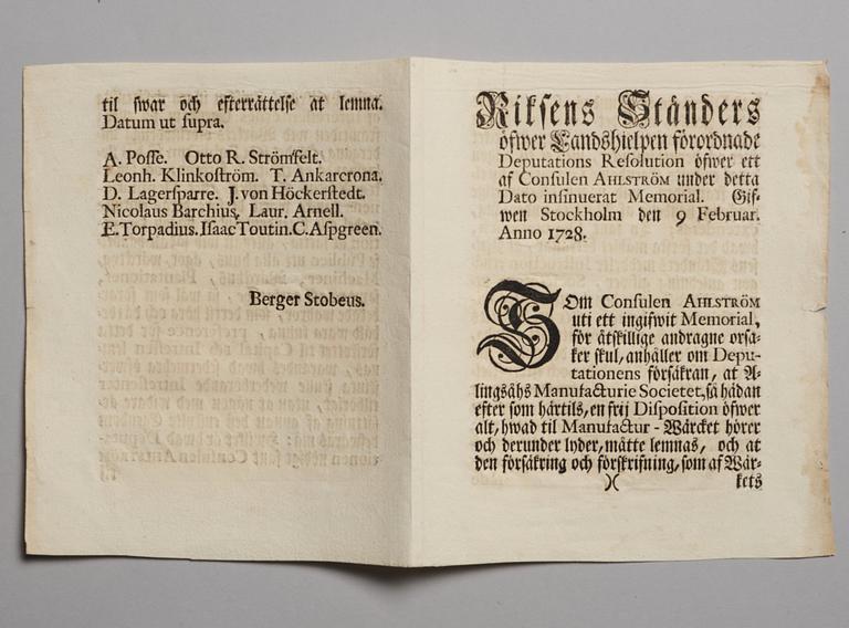 Aktiebrev, Ahlingsåhs Manufaktur Werk (Manufactur-Societet), No 212, 1728, ett tryckt förordnande medföljer.