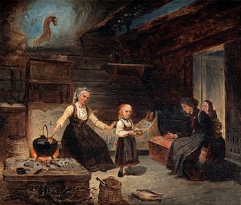 298. Kilian Zoll, Interiör med kvinna och barn vid en kökshärd, givande en skål med mat till en behövande kvinna och hennes barn.