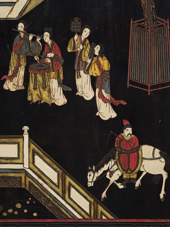 A Chinese four panel lacquer folding screen, first part of the 20th century.