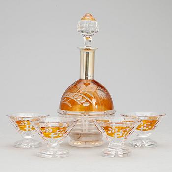 LIKÖRSET, glas och silver, 5 delar, Böhmisk stil, svensk importstämpel.