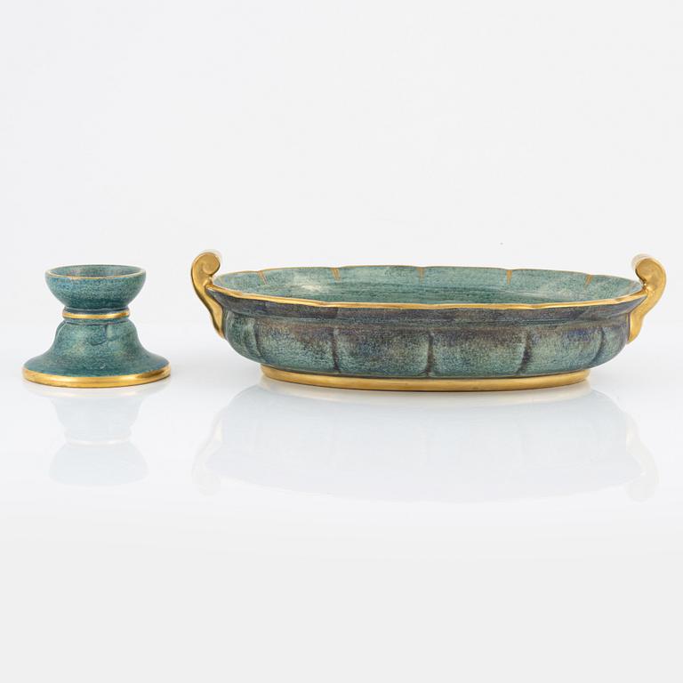 Josef Ekberg, skål och ljusstake, flintgods, Gustavsberg, 1920/1930-tal.
