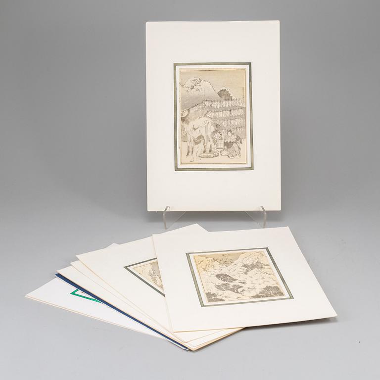KATSUSHIKA HOKUSAI (1760–1849), after, a group of seven sheets/pages from album, Japan, 19th century.