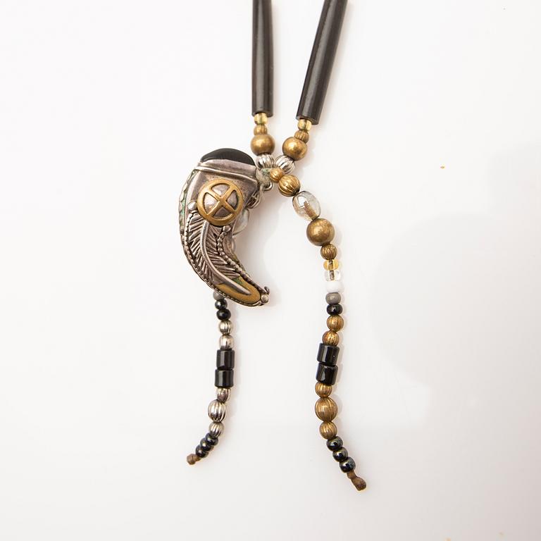 Cowboy ties, 2 pcs, sterling silver with turquoises and stones, and a necklace.
