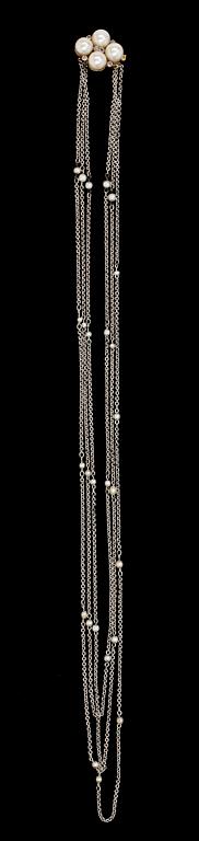 NECKLACE, three rows with small pearls and clasp with small diamonds and cultured pearls.