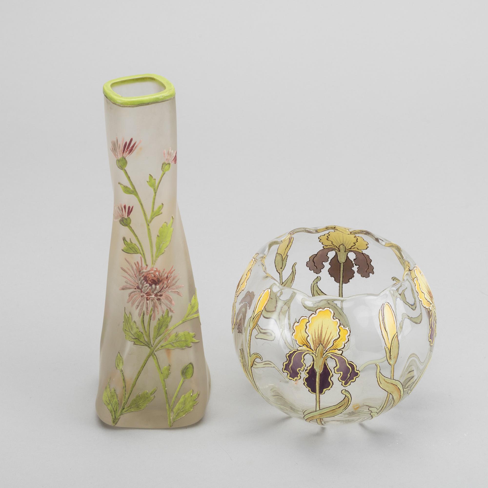 A set of four Art Nouveau hand painted glass vases.