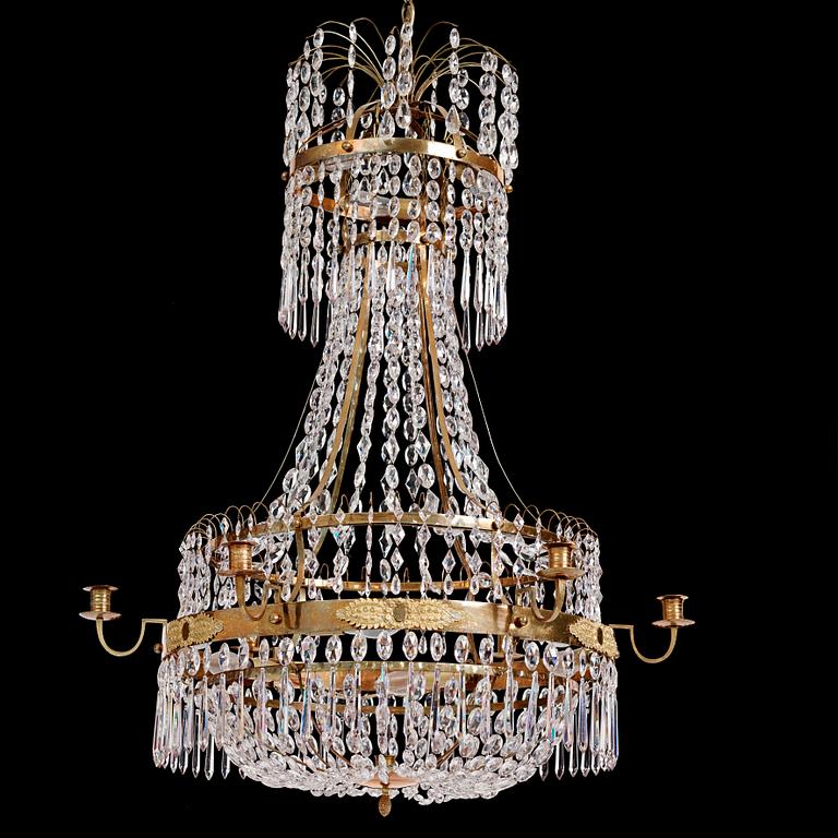 A late Gustavian gilt-brass and cut glass seven-light chandelier, circa 1800.