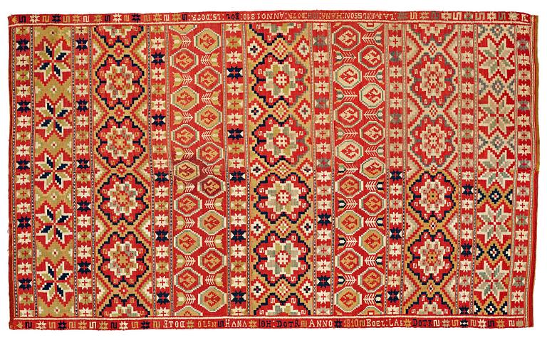 A BED COVER, double-interlocked tapestry, ca 197 x 117,5 cm, Scania (Skåne)1810, probably Gärds or Villands district.
