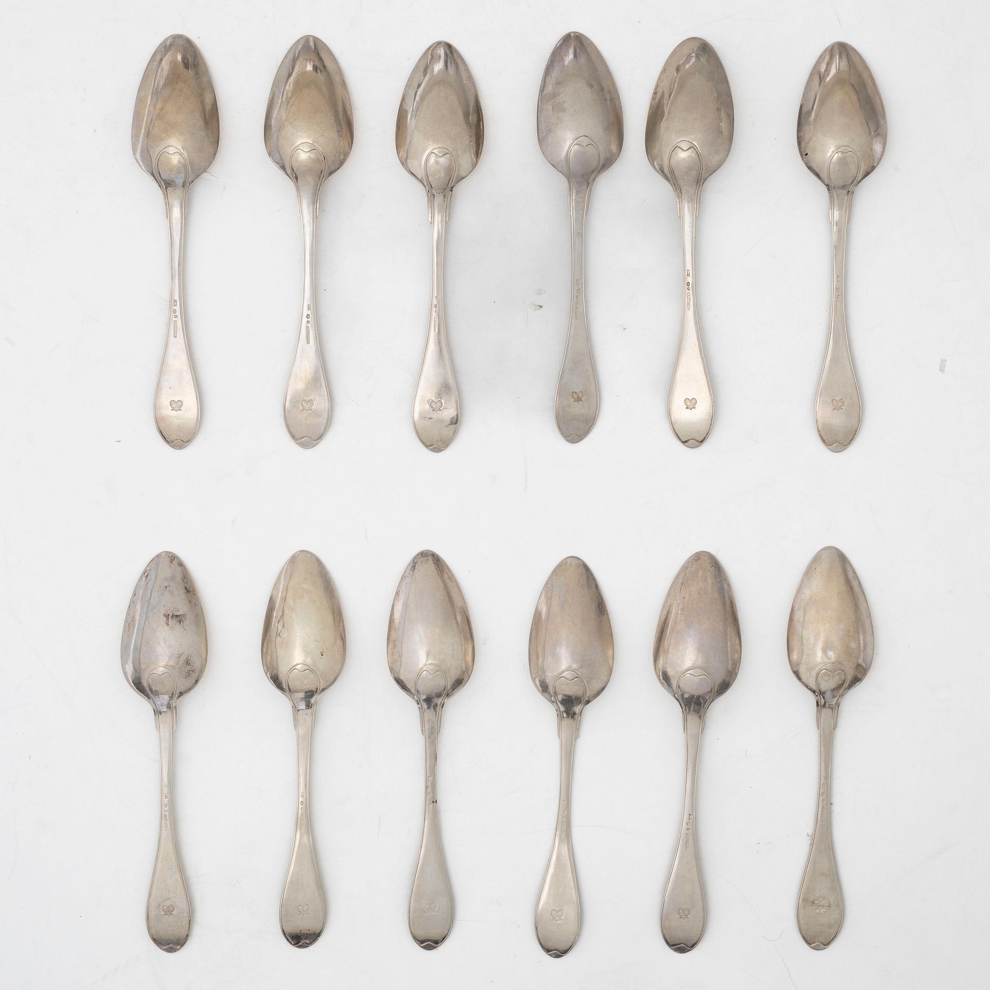 Johan Petter Grönvall, matskedar, 12 st, silver, gammalsvensk modell, Stockholm 1816.