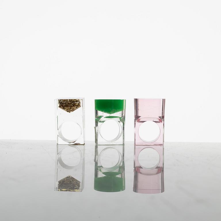 Siv Lagerström, three acrylic plastic rings, 1970s.