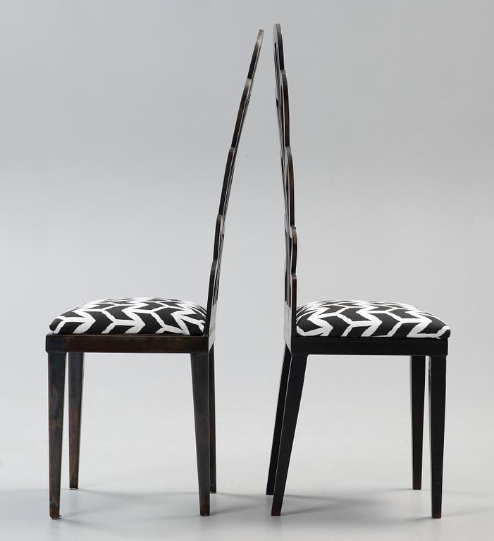 A pair of Birgit Broms patinated metal chairs, Sweden ca 1994.