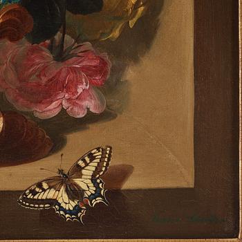 Theodor Schröder, Still-lifes with flowers and butterflies and fruits and a bird.