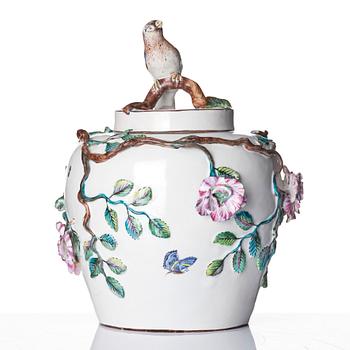 A large Swedish Marieberg faience jar with cover, dated 1765.