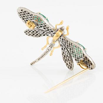 Brooch, in the form of a butterfly, silver and 14K gold set with emeralds, rubies, and princess-cut and octagonal-cut diamonds.