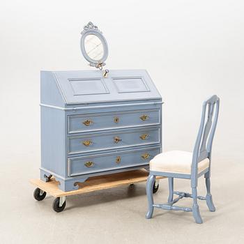 Writing desk as well as a wall-mounted lamp and chair, 18th-century model, KA Roos, Helsingborg, later part of the 20th century.