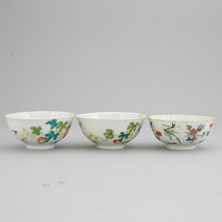 A set of three famille rose bowls, China, 20th Century.