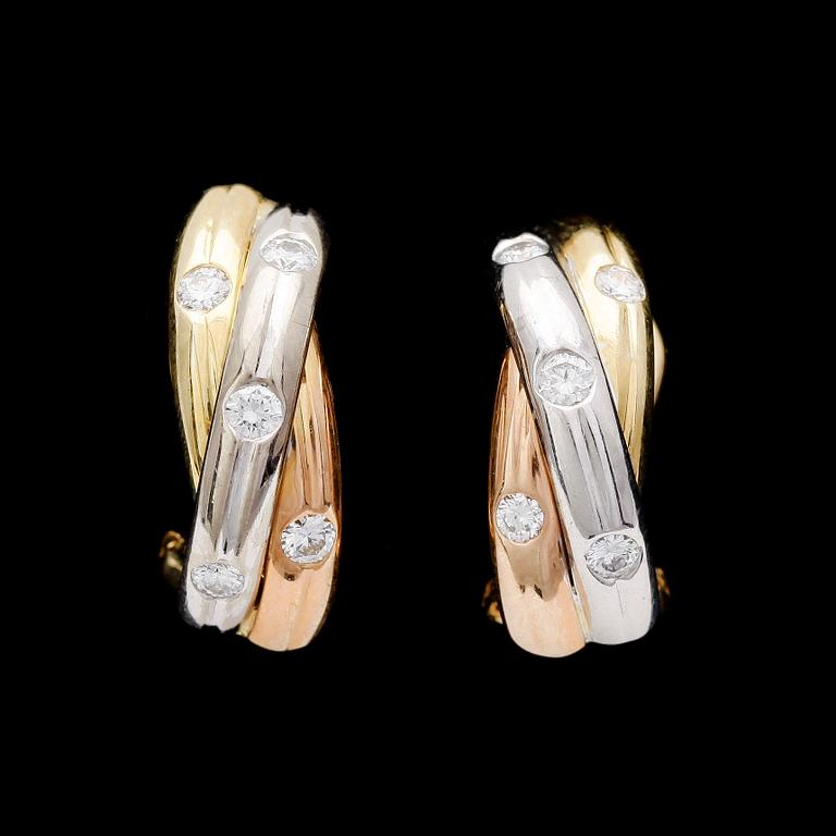 EARRINGS, three coloured gold and brilliant cut diamonds, tot. app 0.40 cts.