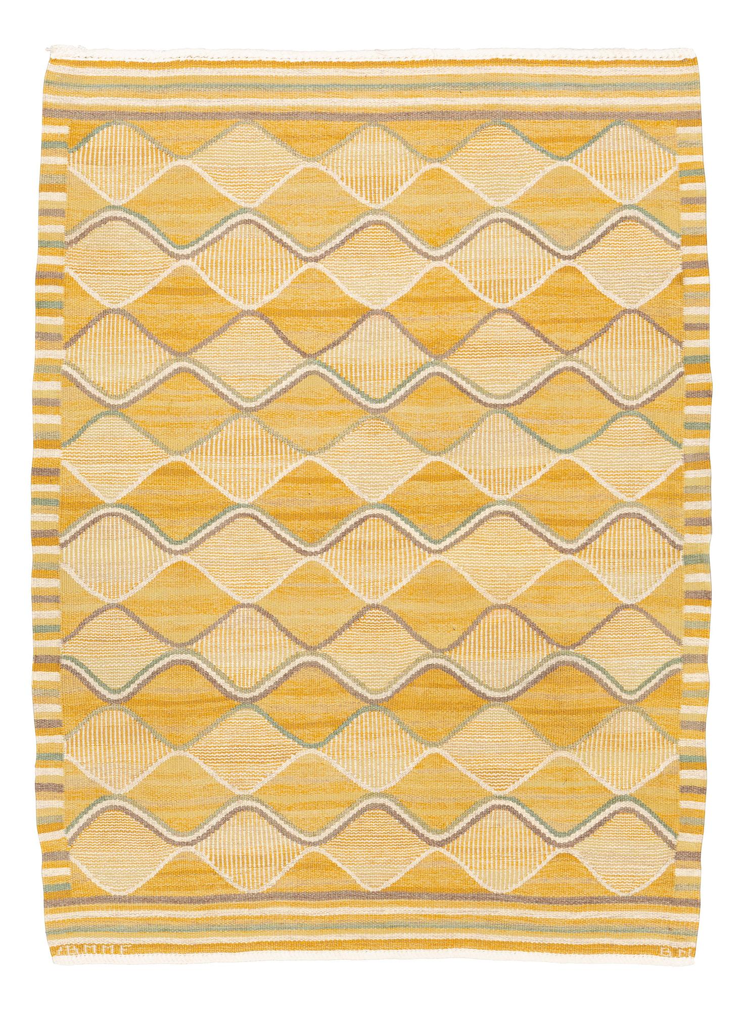Barbro Nilsson, matto, "Spättan, gul", flat weave, ca 190,5-192,5 x 135-143 cm, signed AB MMF BN.