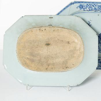 A group of three Chinese blue and white porcelain serving dishes and five dessert plates, Qing dynasty, Qianlong(1736-95.