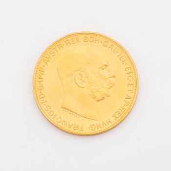 An Austrian gold coin, re-strike 100 Corona 1915.