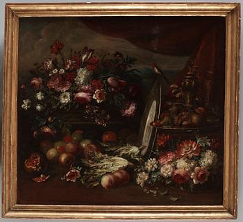 Italian school, 18th Century. Still life with flowers, fruits, trophy and a silver platter with a sitting bird.