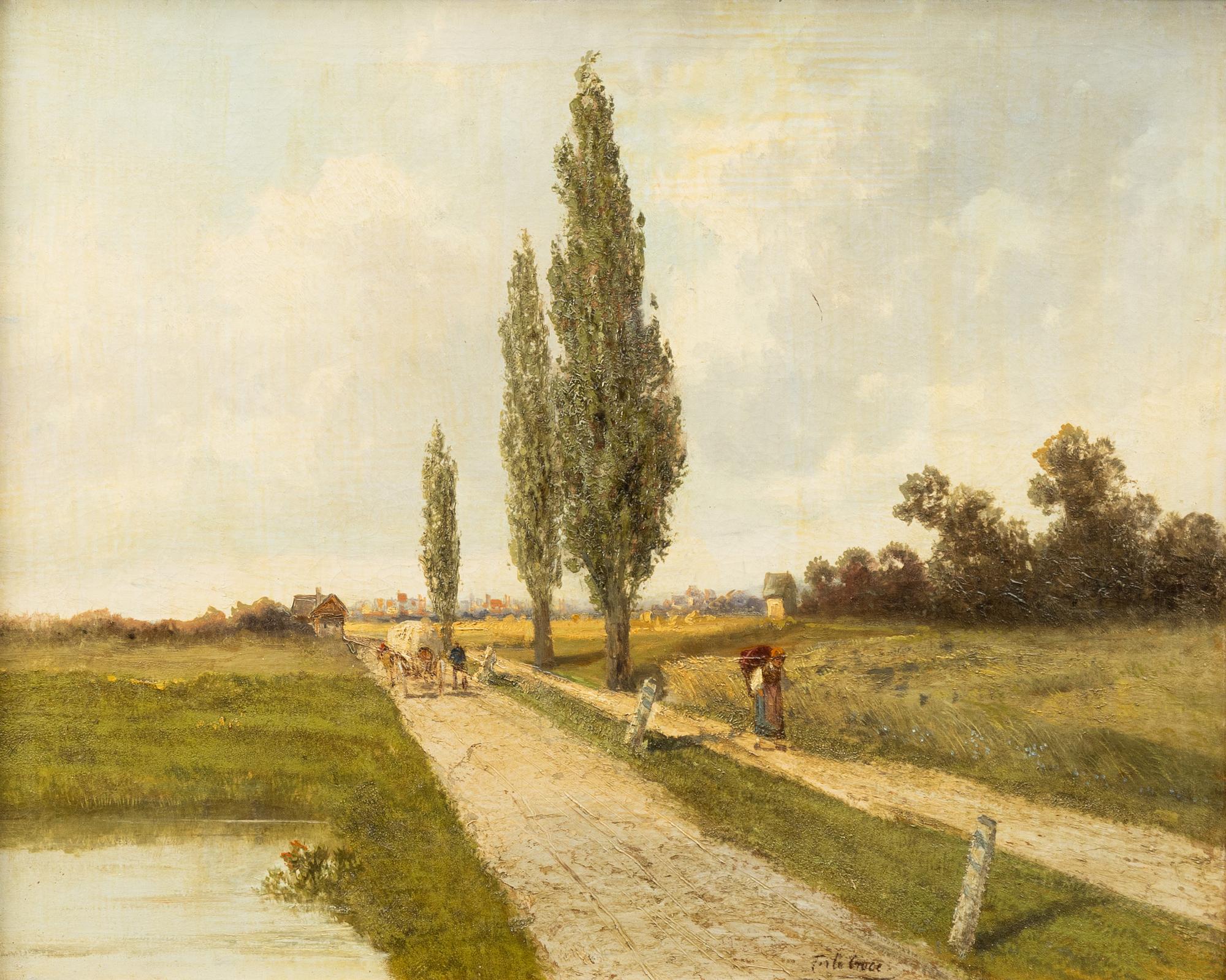 Unknown artist, 19th century, Country road with figures and poplars.