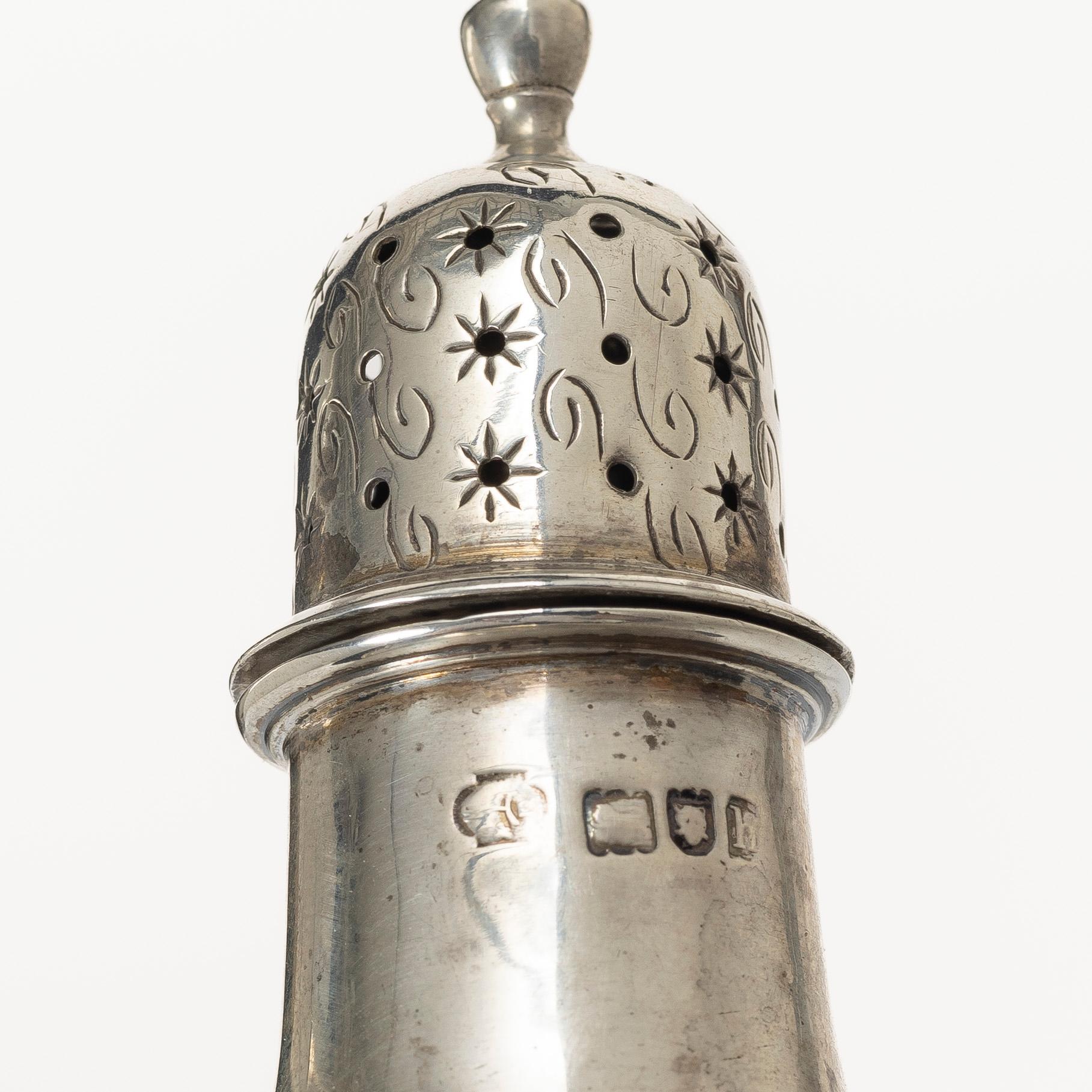 Three silver shakers by William Hutton & sons Ltd, London, England, 1903.