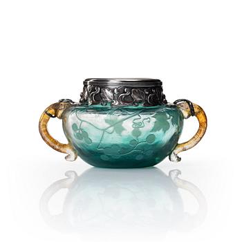 45. Emile Gallé, an Art Nouveau glass bowl, Nancy, France, with silver mounts by Ovchinnikov, Moscow.