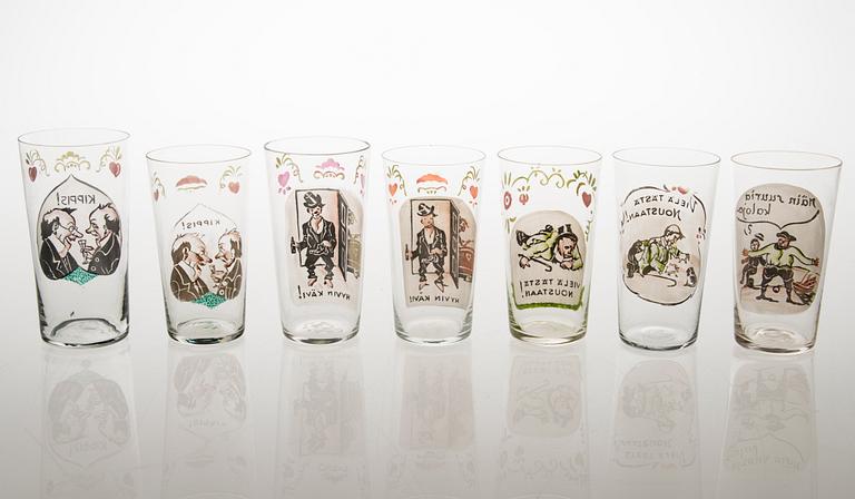 Seven 1930s drinking glasses.
