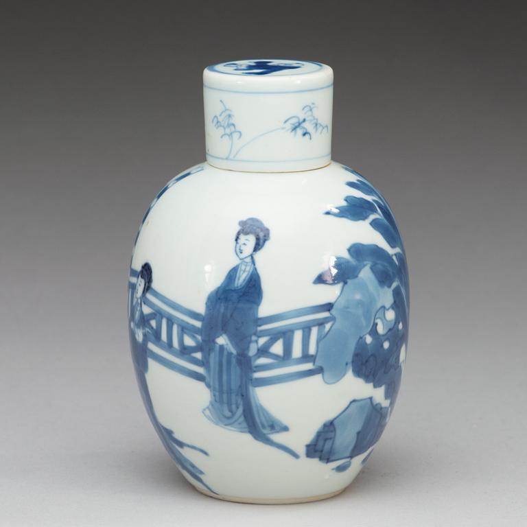 A blue and white jar with cover, Qing dynasty, Kangxi (1662-1722), with Chenghua four character mark.