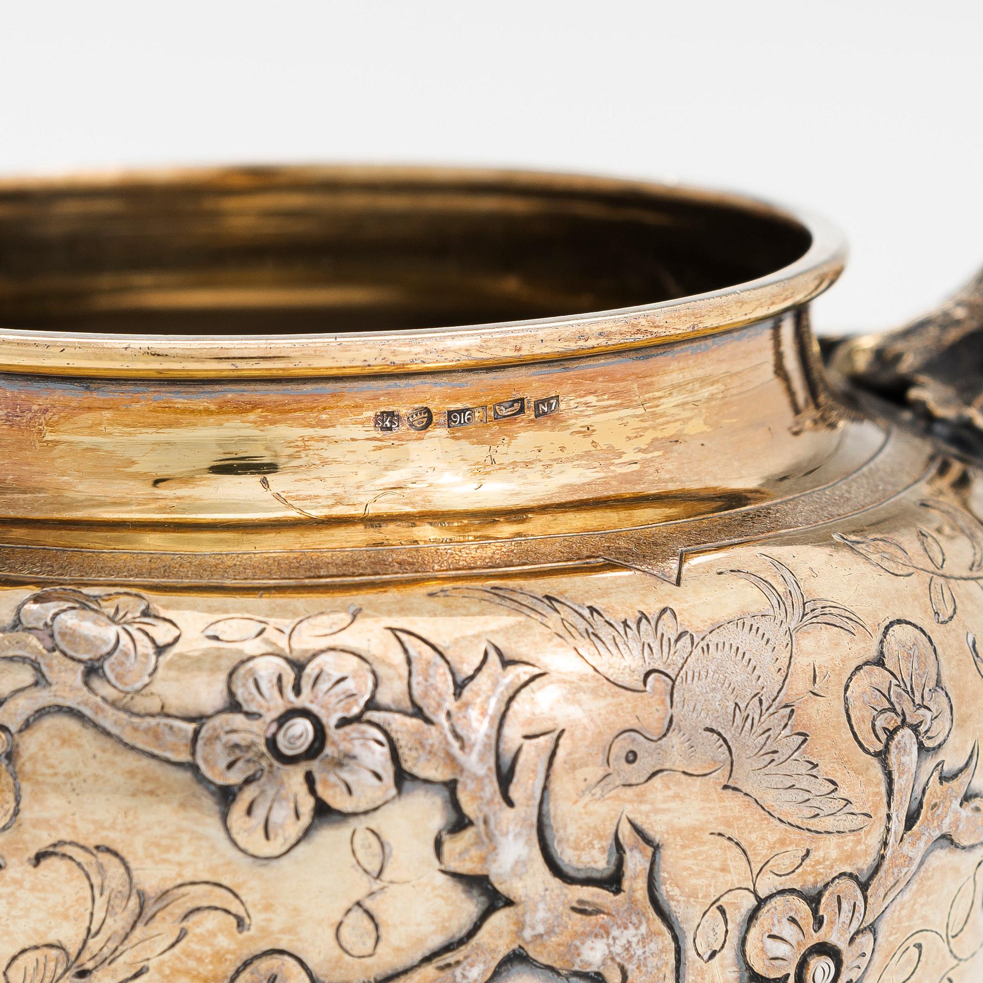 Samuel Smily, teservis, 9 delar, sterling silver, delvis förgyllt, Goldsmiths Alliance Ltd, London 1873-74.