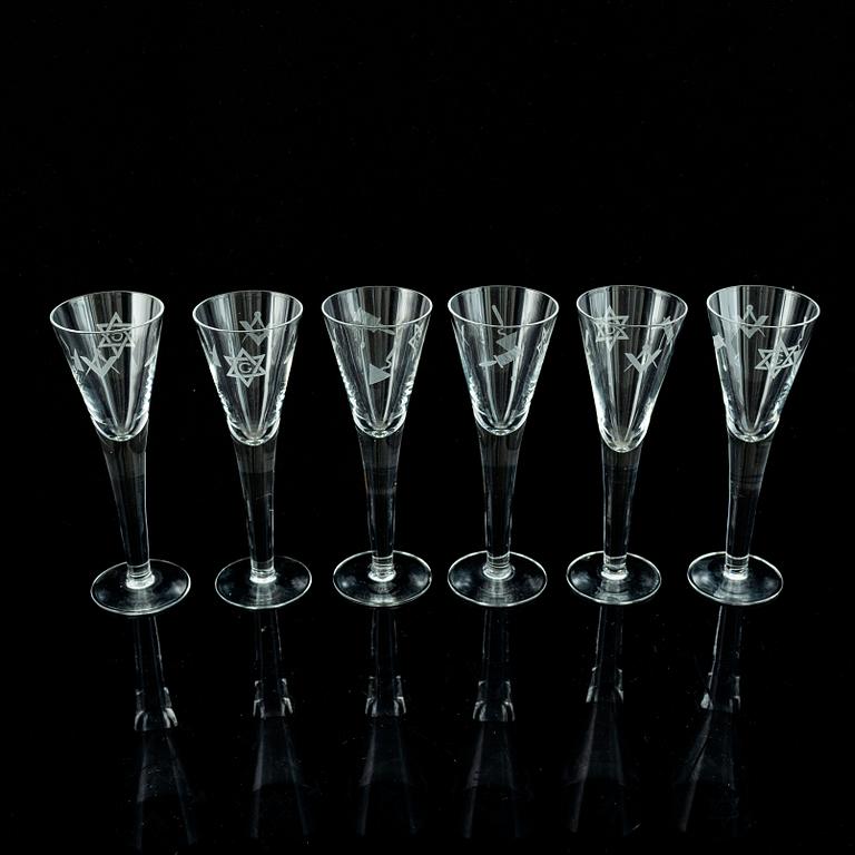 A set of six freemason glasses, 20th century.