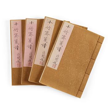 1548. Book, 4 vol, richly illustrated with woodcuts in colours, "Shi zhu zhai jian pu" by Hu Zhengyan.
