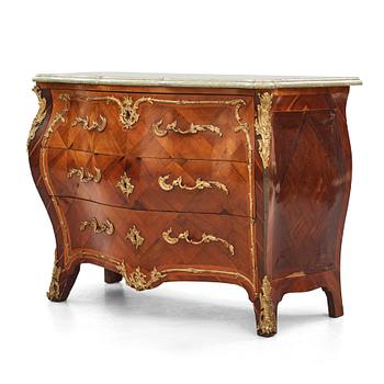 A rococo parquetry and ormolu-mounted commode attributed to L. Nordin (master 1743-1773).