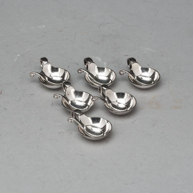 SALTKAR MED SKED, 6 st, silver, Georg Jensen Danmark med svenska importstämplar. Ca 105g.