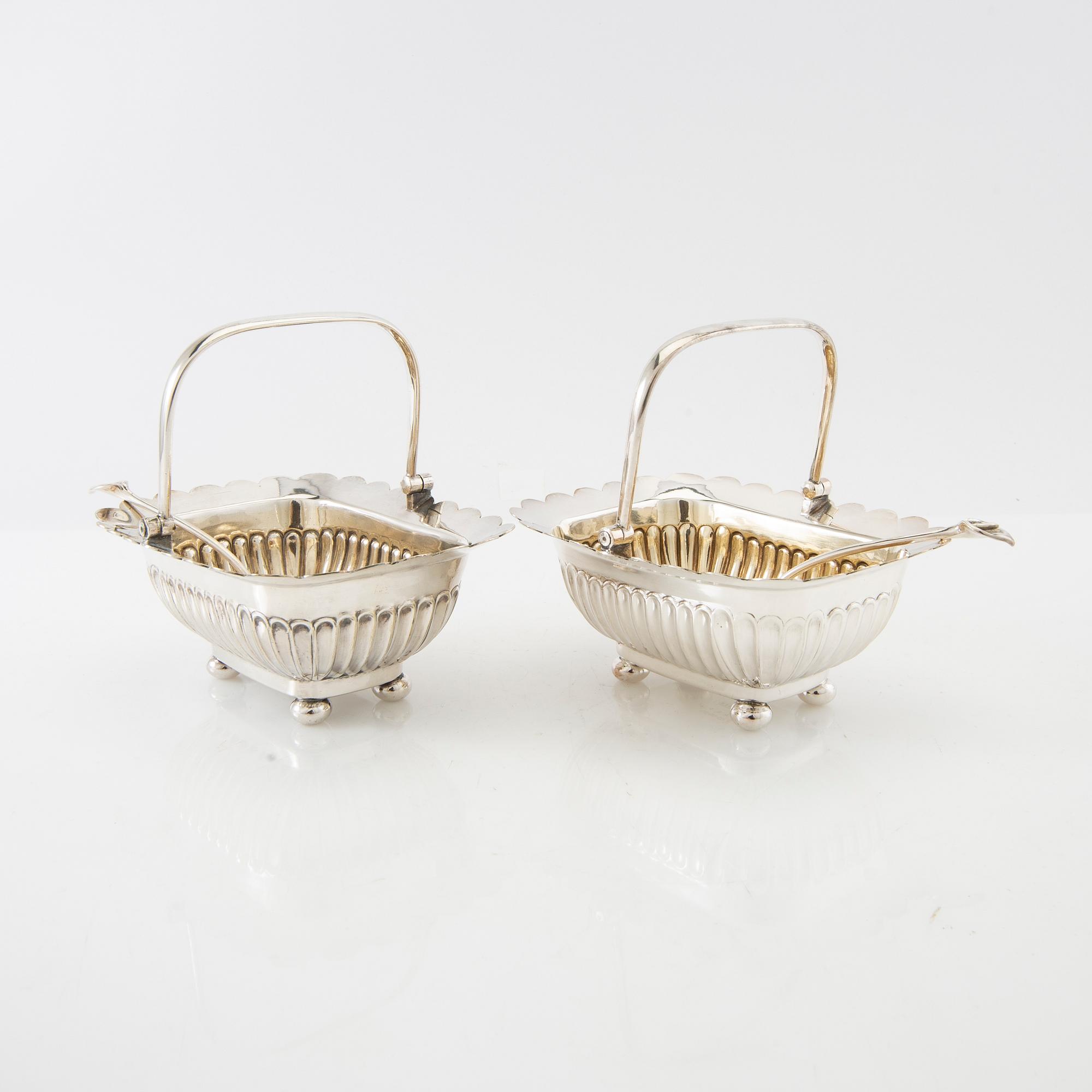 Sugar bowls 2 pairs and a cream jug, silver plate and glass, first half of the 20th century.