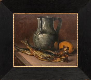 Unknown artist 19th/20th century, Still life with fish and a jug.