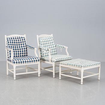 FÅTÖLJER med FOTPALL, 2+1, Gripsholmsfåtöljer, "Medevibrunn" ur Ikeas 1700-talsserie. 1990-tal.