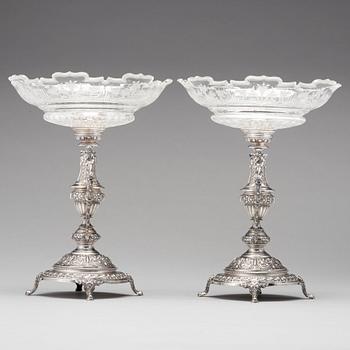 A pair of Swedish 19th century silver and glass tazza, mark of Gustaf Möllenborg, Stockholm 1882.