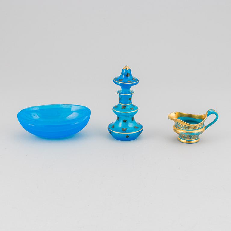 A set of three Russian turkoise glass ware, 19th Century.
