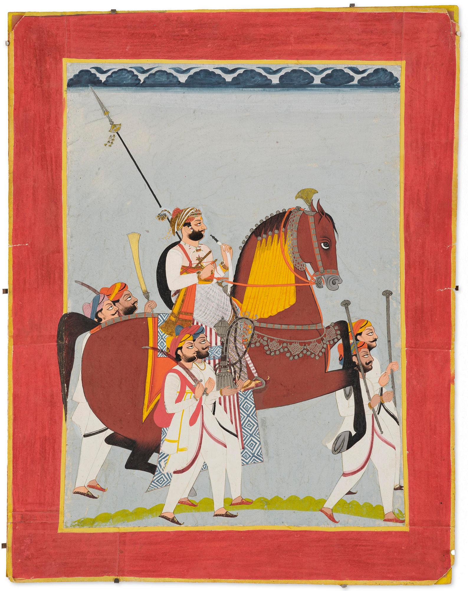An equestrian portrait of a Rajput ruler with attendants, gouache, North India, Rajasthan, 19th century.
