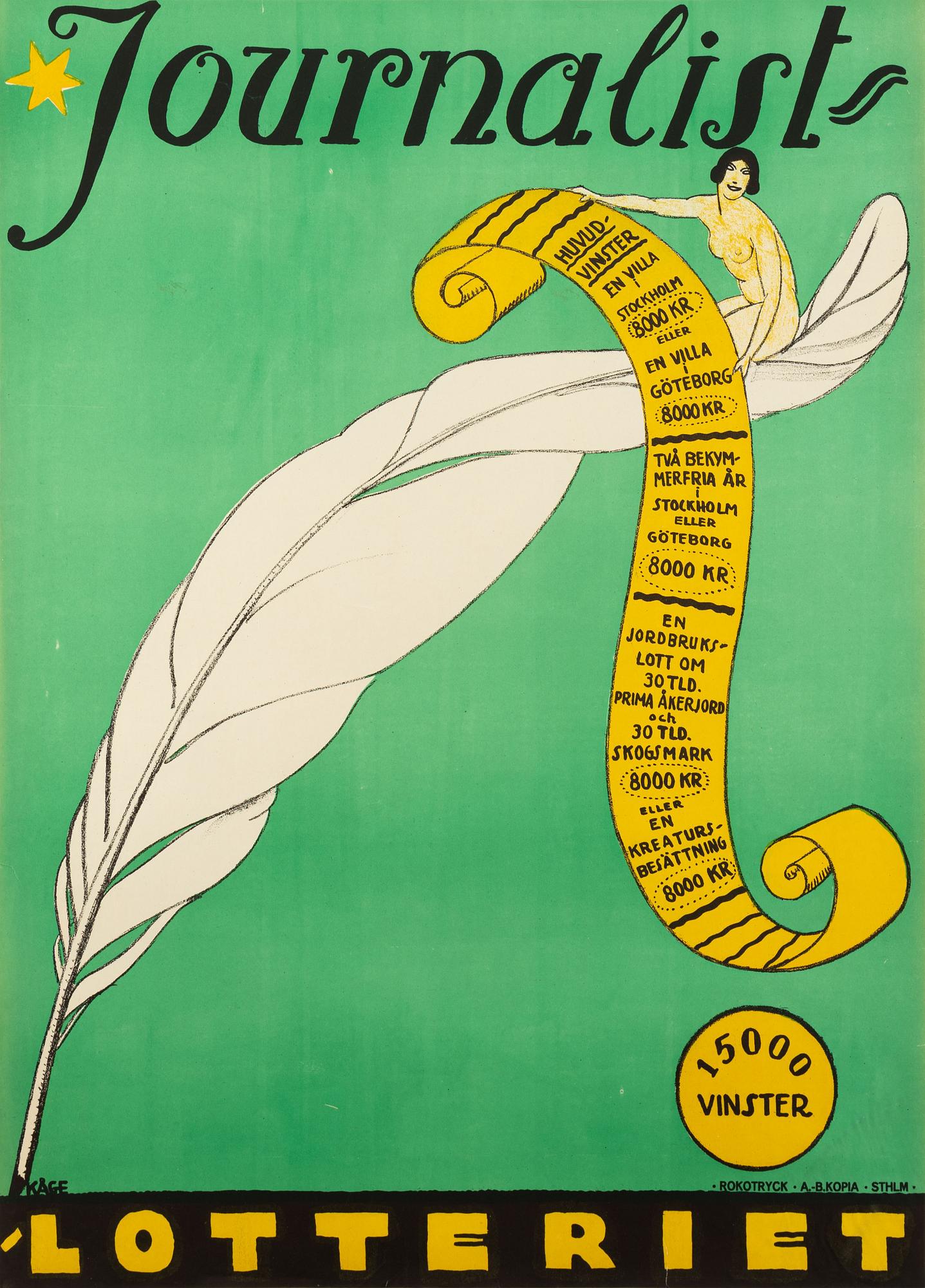 Wilhelm Kåge, affisch, "Journalistlotteriet", Rokotryck A.-B. Kopia Sthlm, omkring 1920.