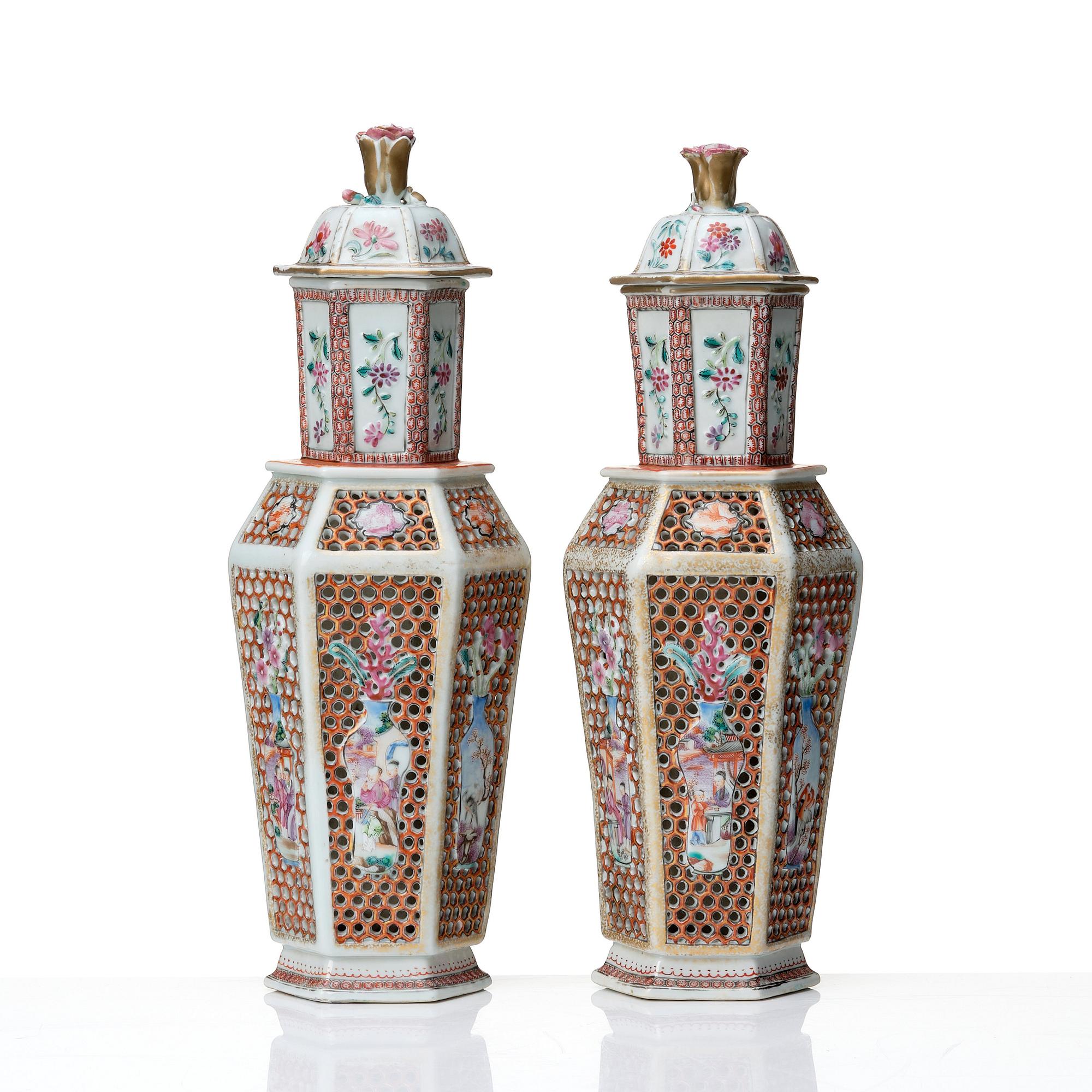 A pair of famille rose vases with covers, Qing dynasty, Qianlong (1736-95).