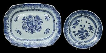 STEKFAT, 3 st, samt TALLRIK, porslin, Kina, 1700/1800-tal.